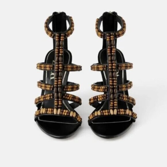 NWT Zara black & brown beaded open toe heeled strappy gladiator sandal, 6 - Picture 2 of 12